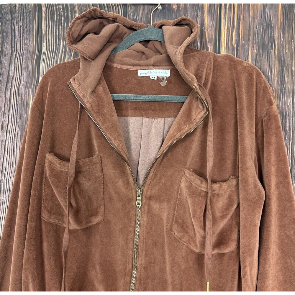 Young Fabulous & Broke Womens Brown Cropped Jacket Velour Full-Zip Hooded Medium - Picture 3 of 6